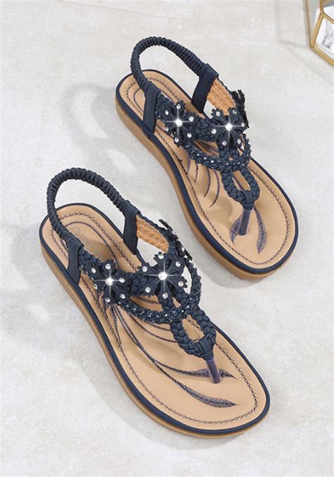 Navy Blue Round Toe Rhinestone Fashion Ankle Sandals Promotions