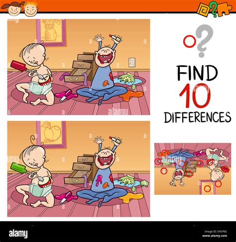 Cartoon Illustration Of Finding Differences Educational Game For