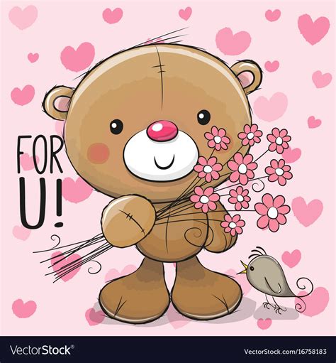 Cute Cartoon Teddy Bear With A Flower Royalty Free Vector