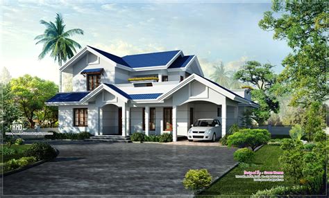 Beautiful Blue Roof Villa Elevation In 2500 Sqfeet Kerala Home