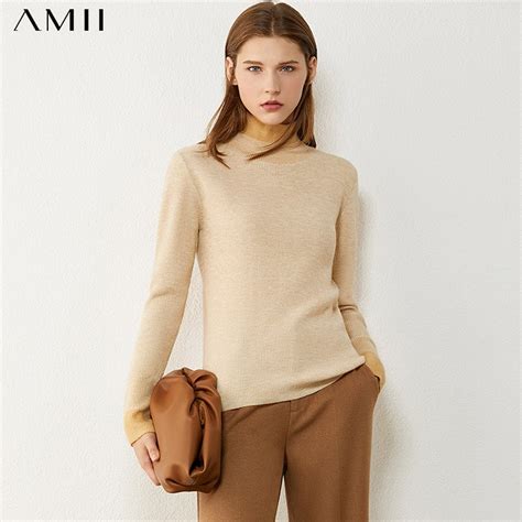 Amii Minimalism Autumn Winter Women S Sweater Fashion Solid Turtleneck Sweater Causal Spliced