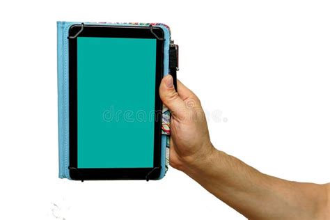 Tablet With Green Screen On White Background White Hand Isolated