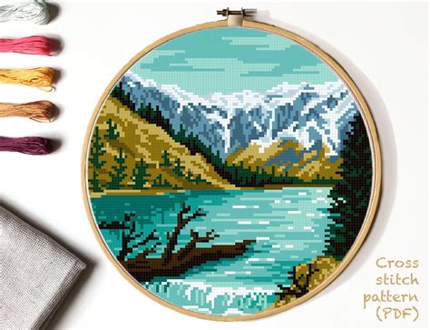 National Park Lake Cross Stitch Pattern Pdf Mountain Landscape Home