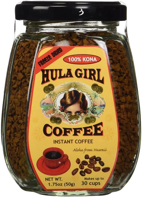100 Hula Girl Freeze Dried Hawaiian Instant Kona Coffee Glass Jar 50