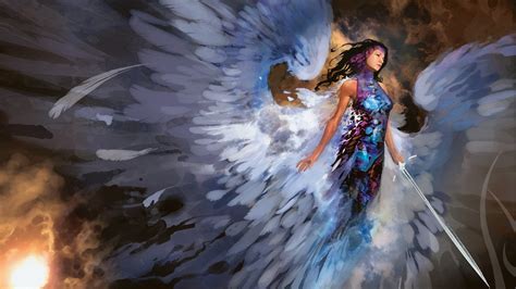 2560x1080 Resolution Female Angel Holding Sword Digital Wallpaper