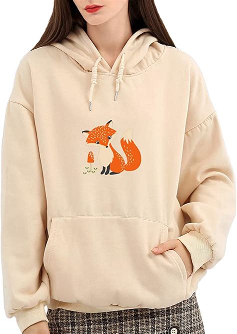 Womens Casual Sweatshirts Cute Fox Pattern Poaket Cotton Pullover