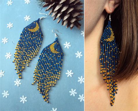 Two Pictures Side By Side One With Blue And Yellow Seed Bead Earrings
