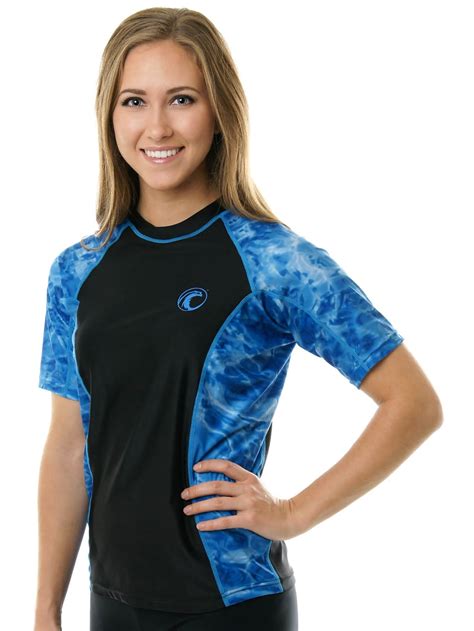 Aqua Design Short Sleeve Rash Guard Women Upf 50 Uv Protection Swim Shirt Top Royal Ripple