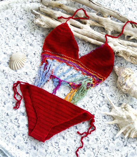red crochet bikini mix and match bikini top boho bikini swimwear hippie clothing red