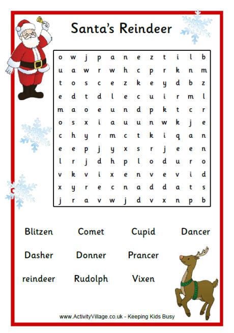 Word Search Santas Reindeer Free Printable Preschool