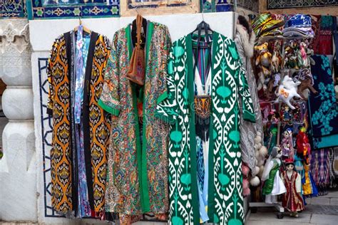 Traditional Uzbek Clothes Such As Robes And Other Colorful Souvenirs Tashkent Uzbekistan Stock