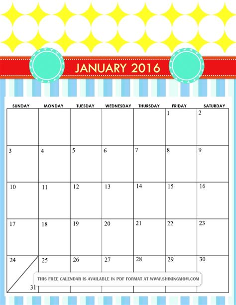 January 2016 Printable Calendar Template