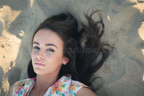 Sexy Woman Dark Hair Bikini White Shirt Relaxing Beach Stock Photos