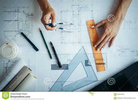 Architect Drawing Blueprint Using Compass Tool Stock Photo Image Of