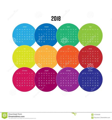 Kalender Des Jahres 2018 Mit Monaten Im Bunten Kreisdesign Vektor
