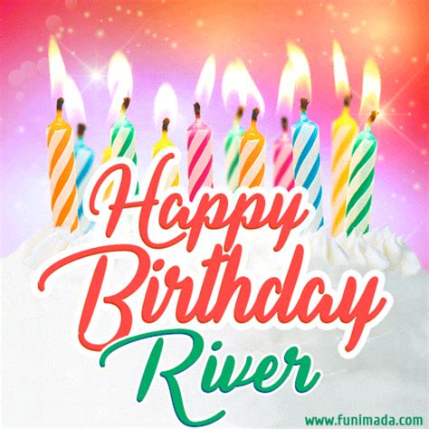 Happy Birthday  For River With Birthday Cake And Lit Candles