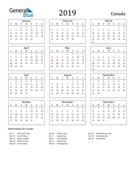 2019 Canada Calendar With Holidays