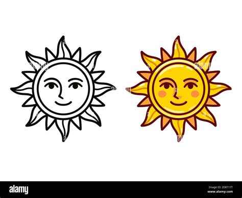 cartoon sun symbol with face simple vintage style emblem black and white line art and color
