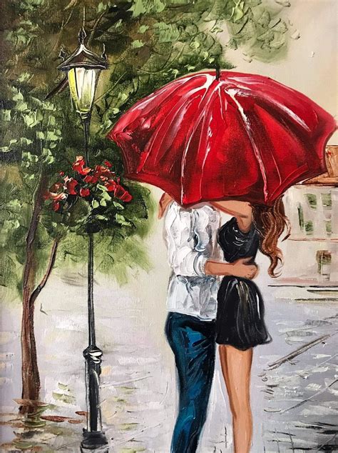 Romantic Couple Painting Canvas Love Date Night Art For Home Couple Kiss Under Red Umbrella Wall