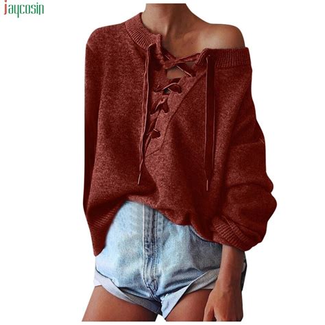 Jaycosin Winter Sweaters Women 2019 Casual Solid Lace Up Full Sleeve