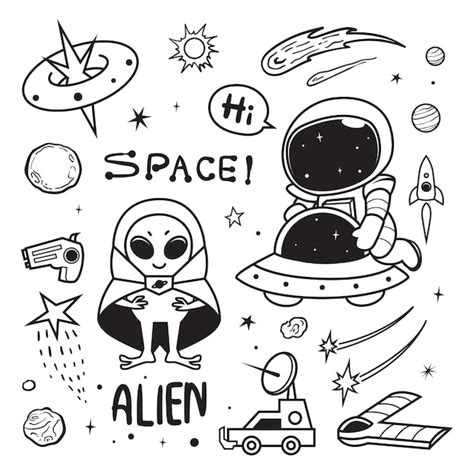 Premium Vector Space Doodles And Astronauts Befriend Aliens