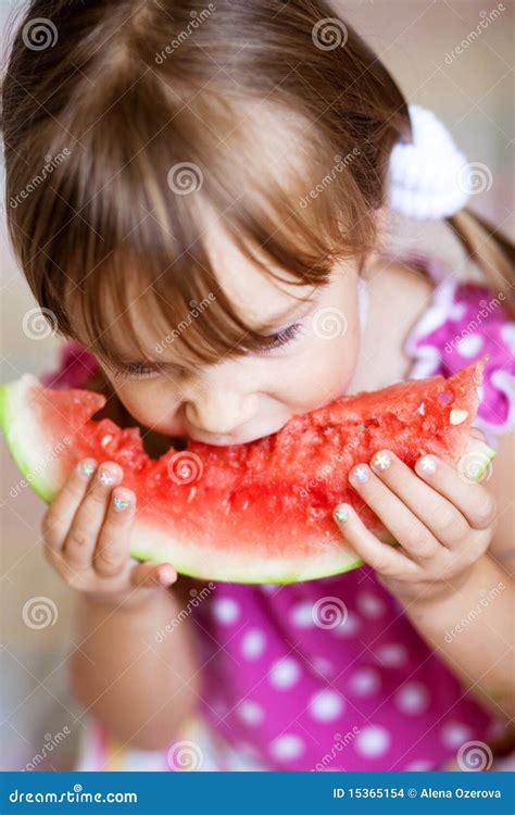 Funny Child Eating Watermelon Stock Photo Image Of Girl Home 15365154