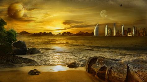 Download Sunset Easter Island Another World Fantasy Landscape Hd