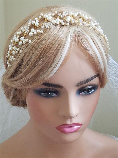 Pearl Crystal Bridal Hair Vine Wedding Pearl Hairpiece Pearl Gold