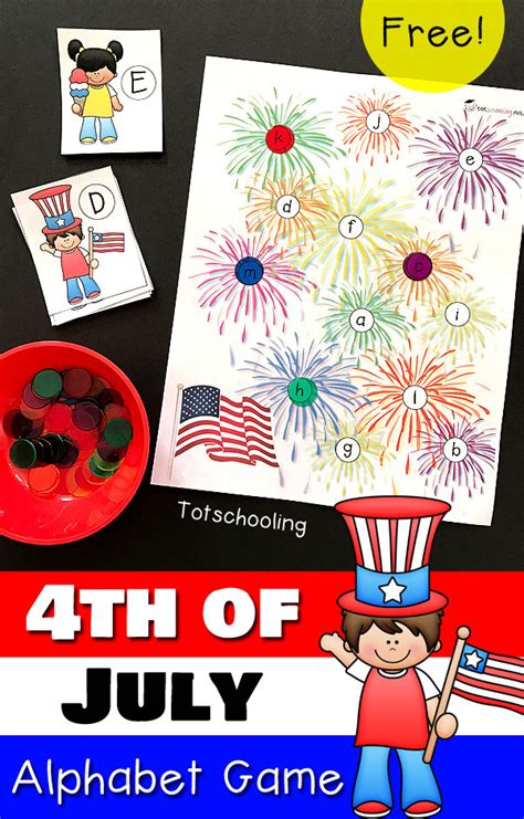 It is a printable pack with cute 4th of july graphics and great activities to help with fine motor skills and counting. 4th of July Alphabet Game for Preschoolers | Totschooling - Toddler, Preschool, Kindergarten ...