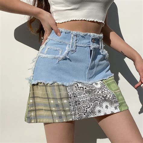 Rapcopter Tassel Jeans Skirts Vintage Patchwork Mini Skirts Y2k High Waisted Denim Skirts