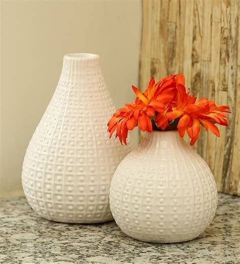 Buy White Ceramic Round Glazed Decorative Vase Set Of 2 By Aapno Rajasthan Online