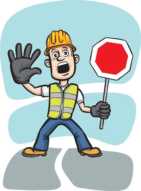 Cartoon Worker Warning With Stop Sign Stock Vector Illustration Of