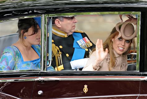 Prince Andrew His Daughters And Their Hats Arrive At Royal Wedding Photos And Video The