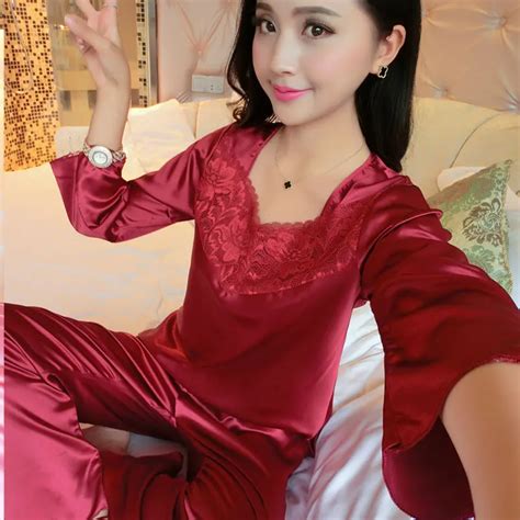 2017 Luxury Sexy Long Sleeve Silk Pajamas Set Women Spring Summer Plus Size Lace Satin Pyjama