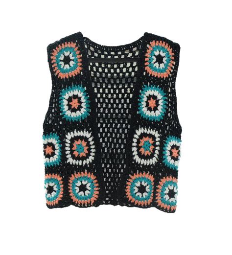 Granny Square Crochet Cropped Sweater Vest Black Sleeveless Etsy