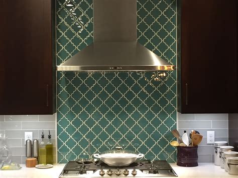 Arabesque Teal Glass Tile With Gray Subway Glass Tile For Our
