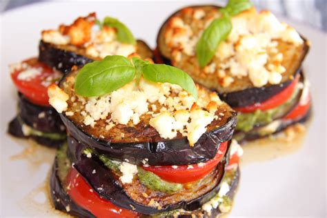 Grilled Eggplant Stacks With Tomato Basil Pesto And Feta Divalicious