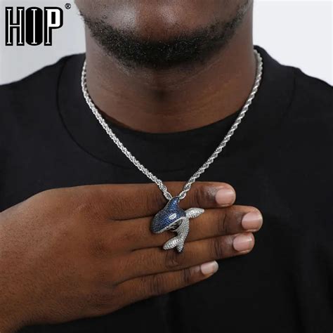Hip Hop Bling Shiny Iced Out Micro Paved Cz Blue Shark Shape Necklaces