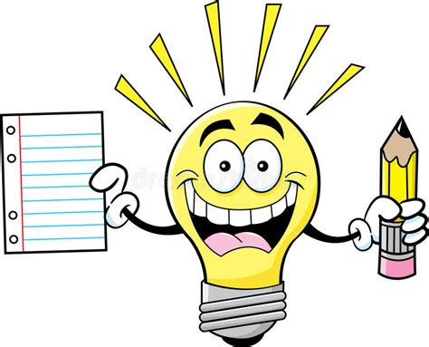 Cartoon Light Bulb Holding A Paper And Pencil Stock Vector