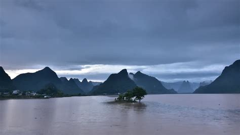 Landscape Of Guilin At Dusk Li River And Karst Mountains Located Near