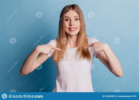 Photo Of Positive Funny Excited Charming Lady Direct Fingers Herself