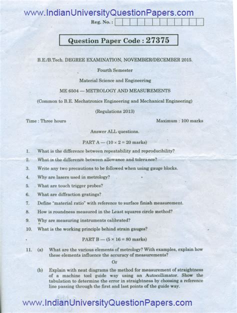 ME6504 Metrology And Measurements Nov Dec 2015 Question Paper