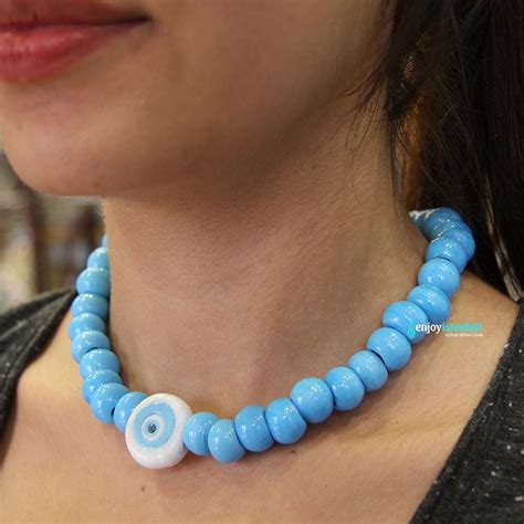 Turkish Evil Eye Necklace With Sky Blue Round Beads Enjoyistanbul Com