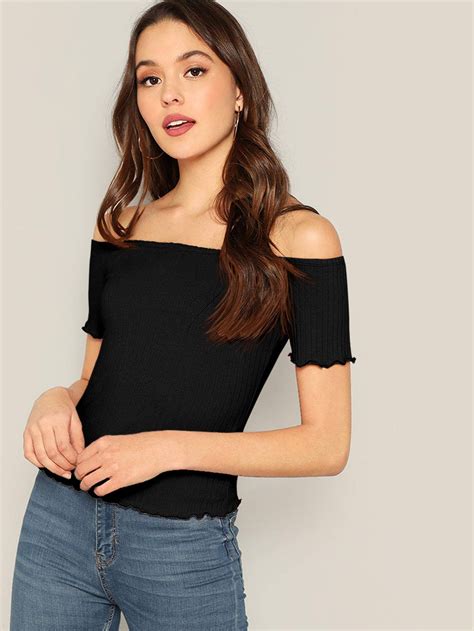 Black Short Sleeve Off Shoulder Lettuce Trim Rib Knit Top Tops Style