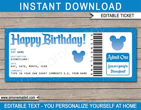 Birthday Surprise Trip to Disneyland Ticket Template | Disney Trip Reveal