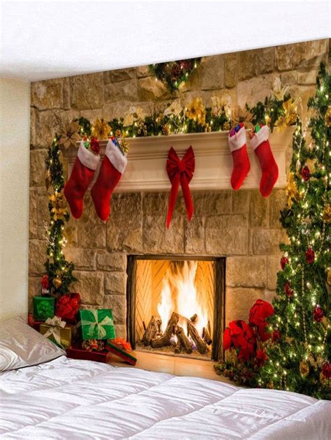 Christmas Fireplace Print Tapestry Wall Hanging Art Decoration