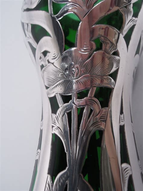 Alvin Vase G3212 1 Antique Art Nouveau American Green Glass Silver Overlay Ebay
