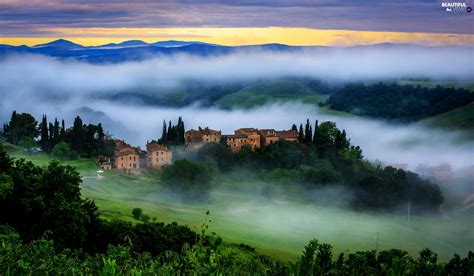 Sunrise Buildings Italy Fog Tuscany Beautiful Views