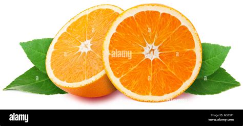 Perfectly Retouched Sliced Halfs Of Oranges With Leaves Isolated On The