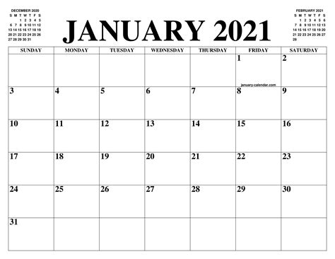 January 2021 Calendar Of The Month Free Printable January Calendar Of